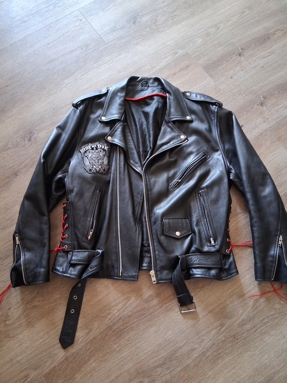 Men's Black Leather Biker Jacket with Red Accents